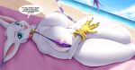 absurd_res anthro anthrofied areola bandai_namco big_breasts breasts clothing digimon digimon_(species) felid female fur gatomon gloves handwear hi_res huge_breasts looking_at_viewer mammal mleonheart pink_areola smile solo swimwear white_body white_fur 