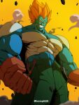  1boy android_13 android_13_(fused) blue_skin brown_gloves colored_skin dragon_ball dragon_ball_z gloves green_pants highres horang4628 korean_commentary male_focus multicolored_skin muscular muscular_male pants red_hair solo topless_male yellow_eyes 