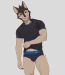  animal_humanoid anthro black_body black_fur briefs canid canine canis clothed clothing digital_media_(artwork) drakonika123 fur grey_body grey_fur hair hi_res humanoid looking_at_viewer male mammal mammal_humanoid partially_clothed red_eyes simple_background smile solo text topwear underwear wolf wolf_butler 