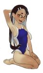  1girl :d armpits barefoot black_hair blue_swimsuit brown_eyes competition_swimsuit earclip fangs freckles from_side fusion highres ijiranaide_nagatoro-san long_hair looking_at_viewer looking_to_the_side mossacannibalis nagatoro_hayase one-piece_swimsuit open_mouth pointy_ears presenting_armpit seiza simple_background sitting smile solo splatoon_(series) swimsuit tentacle_hair white_background 