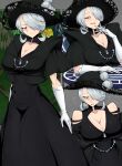  1girl bare_shoulders black_dress black_headwear black_jacket blush breasts cleavage cleavage_cutout clothing_cutout cogita_(pokemon) collarbone commentary cropped_jacket dress elbow_gloves gloves grey_eyes grey_hair hair_bun hair_over_one_eye hand_up hat hat_ornament jacket large_breasts looking_at_viewer one_eye_covered open_mouth pokemon pokemon_(game) pokemon_legends:_arceus raised_eyebrow shimure_(460) smile solo white_gloves 