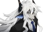  1boy alchemy_stars animal_ears black_horns blue_eyes blue_necktie closed_mouth fang fang_out formal furry furry_male grey_background grey_hair hair_between_eyes highres horns istvan_(alchemy_stars) long_hair male_focus necktie simple_background solo suit upper_body viiiper 