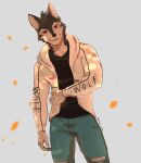  animal_humanoid anthro black_body black_fur canid canine canis clothed clothing digital_media_(artwork) drakonika123 fur grey_body grey_fur hair hi_res humanoid looking_at_viewer male mammal mammal_humanoid red_eyes simple_background smile solo text wolf wolf_butler wolf_butler_and_his_cat_master 