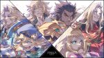  1girl alberius_(dragalia_lost) aqua_eyes bare_shoulders beret black_gloves blonde_hair brown_eyes brown_hair chelle_(dragalia_lost) dark-skinned_male dark_skin dragalia_lost dress emile_(dragalia_lost) evil_smile gem gloves hat leonidas_(dragalia_lost) long_hair looking_to_the_side official_art petals phares_(dragalia_lost) pink_dress princess smile tiara valyx_(dragalia_lost) wavy_hair 