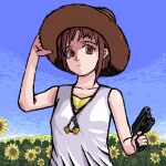  brown_eyes brown_hair field flower flower_field gun hair_ornament handgun hat highres iwakura_lain linux mayooiiiii non-web_source pistol pixel_art serial_experiments_lain sky straw_hat sunflower weapon x_hair_ornament 