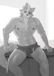  2022 abs anthro arm_support bulge canid canine canis chest_tuft clothed clothing eye_patch eyewear fur greyscale grin hair hi_res looking_at_viewer male mammal monochrome muscular muscular_male nintendo nipples shirokoi sitting smile solo star_fox topless tuft underwear video_games wolf wolf_o&#039;donnell 