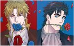  2boys absurdres acea_n birthmark black_hair blonde_hair blue_eyes blue_flower blue_rose dio_brando evil_grin evil_smile fangs flower grin highres jojo_no_kimyou_na_bouken jonathan_joestar male_focus mouth_hold multiple_boys phantom_blood red_eyes rose smile thorns vampire 