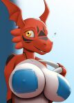  anthro bandai_namco big_breasts breasts creatiffy digimon digimon_(species) female guilmon hi_res huge_breasts nipple_outline pasties red_body solo 