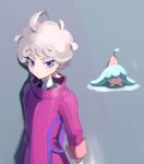  1boy ahoge bangs bede_(pokemon) blurry coat curly_hair eyelashes grey_background grey_hair gvzzgl hatenna male_focus pokemon pokemon_(creature) pokemon_(game) pokemon_swsh purple_coat purple_eyes shirt short_hair sleeves_rolled_up symbol-only_commentary white_shirt 