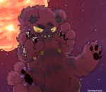  canines_house claws cupcake fangs food fur hi_res holding_another honey_kiss_(pit_people) human male mammal pawpads pit_people purple_body purple_fur red_eyes smile space space_bear star sun ursid yellow_sclera 