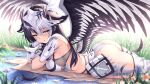  black_hair blue_eyes blush breasts butt clothing female flower grass hair hi_res humanoid ivenglynn looking_at_viewer lying on_front on_ground plant side_boob side_view signature solo underwear white_clothing winged_humanoid wings 
