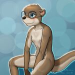  2018 akima_(eddiew) anthro arms_between_legs black_eyebrows black_nose blue_background blue_eyes blush breasts brown_body brown_fur butt chest_tuft colored digital_media_(artwork) dotted_background eddiew eyebrows eyelashes eyewear female flat_chested fur genitals glasses glistening glistening_eyes gloves_(marking) head_tuft invisible_chair leg_markings light light_outline lighting looking_away lutrine mammal markings multicolored_body multicolored_fur mustelid navel nipples nude pattern_background pink_inner_ear pink_nipples pose pussy shaded signature simple_background sitting smile solo spread_knees spread_legs spreading tan_body text thick_tail tuft two_tone_body two_tone_fur 