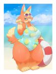  4_fingers 4_toes animal_crossing anthro audie_(animal_crossing) beach big_breasts biped black_nose blonde_hair blue_eyes blue_inner_ear blush breasts canid canine canis cheek_tuft claws clothed clothing cloud colored curvy_figure cute_fangs day detailed_background digital_media_(artwork) dipstick_tail eyelashes eyeshadow eyewear eyewear_on_head facial_tuft feet female finger_claws fingers fluffy fluffy_tail food_clothing food_print front_view fruit_clothing fruit_print full-length_portrait fully_clothed fur gloves_(marking) hair hi_res holding_object holding_swim_ring huge_breasts inflatable kemono leaf_pattern leaf_print leaf_print_clothing leaf_print_swimwear leg_markings looking_at_viewer makeup mammal markings monotone_ears monotone_hair multicolored_body multicolored_fur multicolored_tail nintendo nipple_outline one-piece_swimsuit open_mouth open_smile orange_body orange_ears orange_fur orange_tail outside pattern_clothing pawpads paws pineapple_pattern pineapple_print pink_pawpads plant_print pool_toy portrait print_clothing print_swimwear sand sea seaside shaded short_hair sky slightly_chubby smile snout socks_(marking) solo standing sunglasses sunglasses_on_head swim_ring swimwear tail_markings thick_thighs three-quarter_view toes tomochan tuft two_tone_body two_tone_fur two_tone_tail video_games voluptuous water wide_hips wolf yellow_body yellow_eyeshadow yellow_fur yellow_tail 