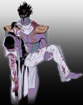  2boys absurdres acea_n armor black_hair blood blood_on_clothes blood_on_face blue_skirt carrying colored_skin diamond_wa_kudakenai hat highres injury jojo_no_kimyou_na_bouken kujo_jotaro long_coat male_focus multiple_boys off_shoulder pauldrons princess_carry purple_skin shoulder_armor shoulder_strap skirt stand_(jojo) star_platinum turtleneck vest 