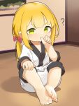  1girl ? barefoot belt blonde_hair borrowed_character child dougi drooling feet green_eyes highres indoors long_hair looking_at_viewer low_twintails original pants ribbon sakurami_sumi saliva shirt solo thumb_sucking toes twintails white_belt white_pants white_shirt 