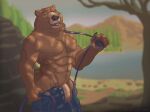  anthro brown_bear clothing grizzly_bear hi_res kahlua_caribou lake looking_at_viewer male mammal muscular muscular_anthro muscular_male plant smile solo suspender_pant suspender_straps tree undressing ursid ursine 