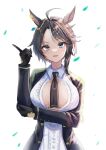 1girl :d absurdres ahoge animal_ears ash_kabon bangs black_gloves black_hair black_necktie blue_eyes breasts center_frills cleavage collared_shirt commentary ear_ornament ear_piercing eyebrows_visible_through_hair frilled_shirt frills fuji_kiseki_(umamusume) gloves hair_between_eyes hand_up highres horse_ears horse_girl index_finger_raised jacket long_sleeves looking_at_viewer multicolored_hair necktie open_clothes open_jacket open_mouth piercing shirt short_hair sidelocks simple_background smile solo standing umamusume upper_body white_background white_hair white_shirt 