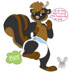  anthro artist_logo biped black_body black_eyes black_fur black_tail brown_body brown_fur brown_hair brown_tail cheek_tuft chest_tuft diaper ears_back english_text facial_tuft feces fur glistening glistening_eyes hair half-closed_eyes hi_res jaq_(jaqrabbit) jaqrabbit_(artist) logo male markings messy_diaper narrowed_eyes navel pink_nose pivoted_ears pooping raised_leg short_hair simple_background soiled_diaper soiling soiling_diaper solo speech_bubble standing striped_body striped_fur striped_markings striped_tail stripes tail_markings tan_antlers teeth text tuft wearing_diaper white_background white_diaper 