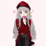  1girl bangs black_legwear brown_eyes caren_hortensia caren_hortensia_(amor_caren) dress_shirt eyebrows_visible_through_hair fate/grand_order fate_(series) grey_hair hat heart long_hair long_sleeves miniskirt o2_mam pantyhose pleated_skirt red_headwear red_shirt red_skirt shiny shiny_hair shirt simple_background sitting sketch skirt solo very_long_hair white_background 