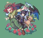  1boy 1girl ;d alain_(pokemon) bangs black_hair blue_eyes blue_scarf blush_stickers brown_footwear capelet charizard chespin commentary_request green_capelet green_headwear green_pants hat highres jacket mairin_(pokemon) mega_charizard_x mega_pokemon one_eye_closed open_clothes open_jacket open_mouth pants pokemon pokemon_(anime) pokemon_(creature) pokemon_xy_(anime) scarf shirt shoes short_hair smile socks suspenders sutokame tongue yellow_legwear 