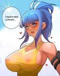  1girl armlet bagjunba_(qkrgk198) blue_eyes blue_hair blush breasts covered_nipples dialogue_box earrings fingerless_gloves gloves heart highres hot jewelry large_breasts leona_heidern nipples ponytail see-through sky sleeveless solo sunlight sweat sweatdrop talking tank_top the_king_of_fighters the_king_of_fighters_xiv the_king_of_fighters_xv triangle_earrings yellow_tank_top 