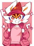  ambiguous_gender anthro blush blush_stickers border cheek_tuft cinderace clothed clothing facial_tuft fluffy fur grin hi_res hoodie minamo_(pixiv17726065) nintendo pink_background pok&eacute;mon pok&eacute;mon_(species) red_eyes signature simple_background smile solo sparkles standing sweatband sweatpants topwear tuft video_games white_body white_border white_fur 