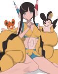  1girl bangs bike_shorts black_hair blue_eyes blue_nails blunt_bangs breasts buckle closed_mouth commentary crop_top elesa_(pokemon) emolga fur_jacket hand_up headphones highres jacket knees multicolored_hair nail_polish nuneno pawmi pokemon pokemon_(creature) pokemon_(game) pokemon_bw2 short_hair_with_long_locks sitting smile solo streaked_hair v yellow_jacket 