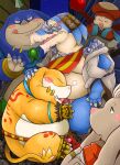  2022 anthro bangaa belly big_belly blue_body blush censored clothing eyes_closed final_fantasy final_fantasy_xii genitals grey_body group hat headgear headwear hi_res humanoid_hands kemono male male/male mammal migelo moobs moogle night norataro nu_mou outside overweight overweight_male penis seeq square_enix video_games wings yellow_body 