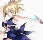  1girl armpits big_hair blonde_hair blue_dress blue_eyes breasts cleavage covered_nipples dagger dated dr._stone dress hair_pulled_back holding jet_yowatari knife kohaku_(dr._stone) large_breasts looking_at_viewer looking_back ninja no_bra parted_lips pelvic_curtain plunging_neckline pussy pussy_peek reverse_grip rope_belt sideboob signature sleeveless sleeveless_dress solo split_ponytail weapon 
