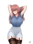  1girl alterzk armpits arms_behind_head arms_up blue_shirt blush bra bra_visible_through_clothes breasts cowboy_shot expressionless garter_straps grey_skirt highres inui_shinju lace-trimmed_bra lace-trimmed_legwear lace_trim large_breasts looking_away pink_hair pleated_skirt see-through shirt shirt_tucked_in simple_background skindentation skirt skirt_rolled_up solo sono_bisque_doll_wa_koi_wo_suru straight_hair thighhighs underwear white_background zettai_ryouiki 