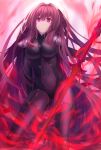  1girl absurdres armor bangs black_bodysuit bodysuit breasts breasts_apart brown_hair closed_mouth covered_navel eyebrows_visible_through_hair fate/grand_order fate_(series) floating_hair gae_bolg_(fate) hair_between_eyes hair_intakes highres holding holding_weapon jinragn_(wakaho23) long_hair medium_breasts red_eyes scathach_(fate) shiny shiny_hair shoulder_armor solo standing very_long_hair weapon 