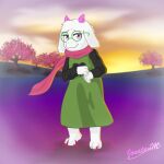  1:1 ambiguous_gender anthro bovid caprine clothing deltarune eyewear fur glasses goat green_clothing hi_res horn jonatanm mammal pink_eyes ralsei scarf undertale_(series) video_games white_body white_fur 