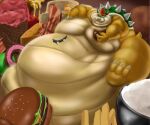  anthro belly big_belly bowser eating food hair hi_res horn hyper hyper_belly koopa male mario_bros morbidly_obese nintendo obese overweight overweight_male red_hair reptile scalie solo spikes turtle vhyena video_games weight_gain 