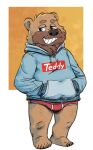  2022 anthro black_nose brown_body brown_fur bulge clothing fur guaxraccoon hoodie male mammal slightly_chubby solo text text_on_clothing text_on_hoodie text_on_topwear topwear underwear ursid 