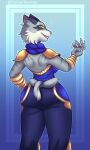  anthro asuri_(brawlhalla) big_butt blue_background butt exposed_back felid feline female fur green_eyes grey_body grey_fur grey_markings hands_on_hips hi_res looking_back mammal markings pantherine shoulder_guards simple_background solo sparkles thick_thighs tiger yellow_sclera 