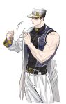  1boy absurdres acea_n biceps black_hair coat diamond_wa_kudakenai hat highres jojo_no_kimyou_na_bouken kujo_jotaro long_coat male_focus muscular muscular_male pants partially_undressed single_bare_shoulder sleeveless sleeveless_turtleneck solo turtleneck vest white_coat white_pants 