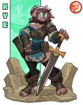  5_fingers 5_toes anthro armor blue_eyes breasts brown_body brown_fur brown_hair brown_nose canid canine ceehaz claws clothed clothing digital_media_(artwork) dog_knight_rpg feet female fingers footwear fur hair hand_on_hip hi_res holding_object holding_weapon legwear looking_at_viewer mammal melee_weapon open_mouth open_toe_footwear pose simple_background smile solo standing stockings sword toes topwear weapon 
