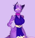  anthro asuri_(brawlhalla) clothed clothing dress felid feline female fur hands_on_hips hi_res jewelry looking_at_viewer mammal markings necklace pantherine pink_sclera purple_body purple_clothing purple_dress purple_fur skimpy skimpy_dress solo tiger white_markings wide_hips 