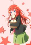  1girl absurdres ahoge bangs black_jacket blue_eyes blush cowboy_shot eating floating_hair food go-toubun_no_hanayome green_skirt hair_ornament highres holding holding_food jacket long_hair long_sleeves looking_at_viewer miniskirt nakano_itsuki open_clothes open_jacket pink_background pleated_skirt red_hair red_shirt school_uniform shiny shiny_hair shirt skirt solo standing star_(symbol) star_hair_ornament starry_background very_long_hair yasuba_yuichi 