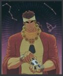  1boy absurdres acea_n card_deck cloak constellation dark-skinned_male dark_skin earrings headband highres jewelry jojo_no_kimyou_na_bouken male_focus mohammed_avdol necklace orange_scarf ponytail robe scarf shuffling_cards solo stardust_crusaders tarot 