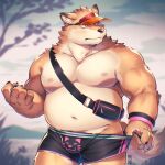  2022 anthro belly big_belly blush brown_body brown_fur bulge canid canine canis clothing detailed_background domestic_dog fur hinami humanoid_hands kemono male mammal moobs musclegut nipples outside overweight overweight_male plant solo tree underwear 