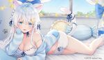  1girl animal_ears bed blue_cardigan blue_eyes braid breasts camisole cardigan cat_ears cat_girl cat_tail cleavage crescent crescent_hair_ornament grey_hair hair_ornament hand_on_own_cheek hand_on_own_face highres legs long_hair looking_at_viewer lying navel on_stomach original pillow ribbon shano_hiyori short_shorts shorts sleeves_past_wrists solo strap_slip striped_cardigan tail tail_ornament tail_ribbon thighs white_camisole white_shorts window 