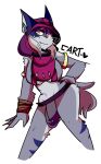  anthro armlet asuri_(brawlhalla) big_breasts blue_markings breasts clothed clothing felid feline female fur grey_body grey_fur hi_res hoodie lynx mammal markings purple_eyes scales simple_background skimpy solo topwear white_background yellow_body yellow_scales 