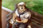  anthro bench beverage biceps book brown_body brown_fur canid canine canis domestic_dog fur kuremura62213 lifewonders live-a-hero male mammal muscular muscular_anthro muscular_male pubraseer reading sailor_hat sailor_uniform solo video_games 