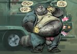  after_vore anthro balls belly big_belly cigar clothing dialogue dramamine erection garbage_truck genitals gloves hand_on_stomach handwear heavy_truck male mammal mature_male overweight overweight_male penis procyonid raccoon same_size_vore shirt slob smoking stain tank_top topwear truck_(vehicle) vehicle vore 