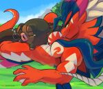  amber_eyes anthro big_breasts blue_body blue_feathers breasts brown_body brown_fur dragon duo feathers featureless_breasts female feral floppy_ears fur hi_res koraidon lechonk legendary_pok&eacute;mon lizard looking_at_viewer mammal markings membrane_(anatomy) multicolored_body nintendo pink_nose pok&eacute;mon pok&eacute;mon_(species) red_body reptile scalie seibrxan simple_background solo suid suina sus_(pig) thick_thighs tire two_tone_body video_games webbed_hands white_background white_body white_markings yellow_eyes 