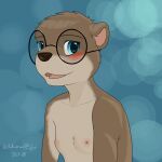  2018 akima_(eddiew) anthro black_nose blue_eyes blush breasts brown_body brown_fur clothed clothing colored cute_fangs digital_media_(artwork) dotted_background eddiew eyebrows eyelashes eyewear female flat_chested fur glasses head_tuft light lighting looking_at_viewer lutrine mammal multicolored_body multicolored_fur mustelid nipples nude open_mouth pattern_background pink_inner_ear pink_tongue portrait signature simple_background small_breasts smile solo tan_body tan_fur teeth_showing teeth_visible text three-quarter_view tongue topless topless_female tuft two_tone_body two_tone_fur 