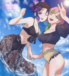  2girls ;d bikini black_bikini black_hair black_ribbon black_shirt black_skirt blue_sky breasts butterfly_hair_ornament cleavage cloud collarbone covered_navel crop_top day frilled_shorts frills front-tie_bikini front-tie_top gradient_hair green_eyes green_hair hair_ornament halterneck highres kanroji_mitsuri kimetsu_no_yaiba kochou_shinobu long_skirt medium_breasts micro_shorts midriff multicolored_hair multiple_girls navel ombosslemon one_eye_closed open_mouth outdoors pink_hair purple_eyes purple_hair ribbon shiny shiny_hair shirt short_hair short_ponytail short_sleeves shorts skirt sky small_breasts smile stomach summer sunlight swimsuit twitter_username v yellow_shorts 