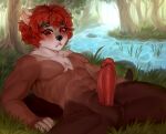  anthro cocicka ear_piercing forest freckles genitals grass hair hi_res lutrine male mammal muscular mustelid penis piercing plant red_eyes red_hair river shy solo submissive submissive_male tree wood 