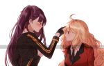  2girls ahoge bangs black_gloves black_necktie blonde_hair blush brown_eyes closed_mouth coat commentary curly_hair embarrassed english_commentary female_commander_(girls&#039;_frontline) from_side girls&#039;_frontline gloves hair_ribbon long_hair looking_at_another messy_hair military military_uniform multiple_girls necktie officer pleated_coat pleated_shirt ponytail purple_hair red_coat red_eyes red_hair red_ribbon ribbon shirt side_ponytail silence_girl simple_background smile uniform very_long_hair wa2000_(girls&#039;_frontline) white_background white_shirt 